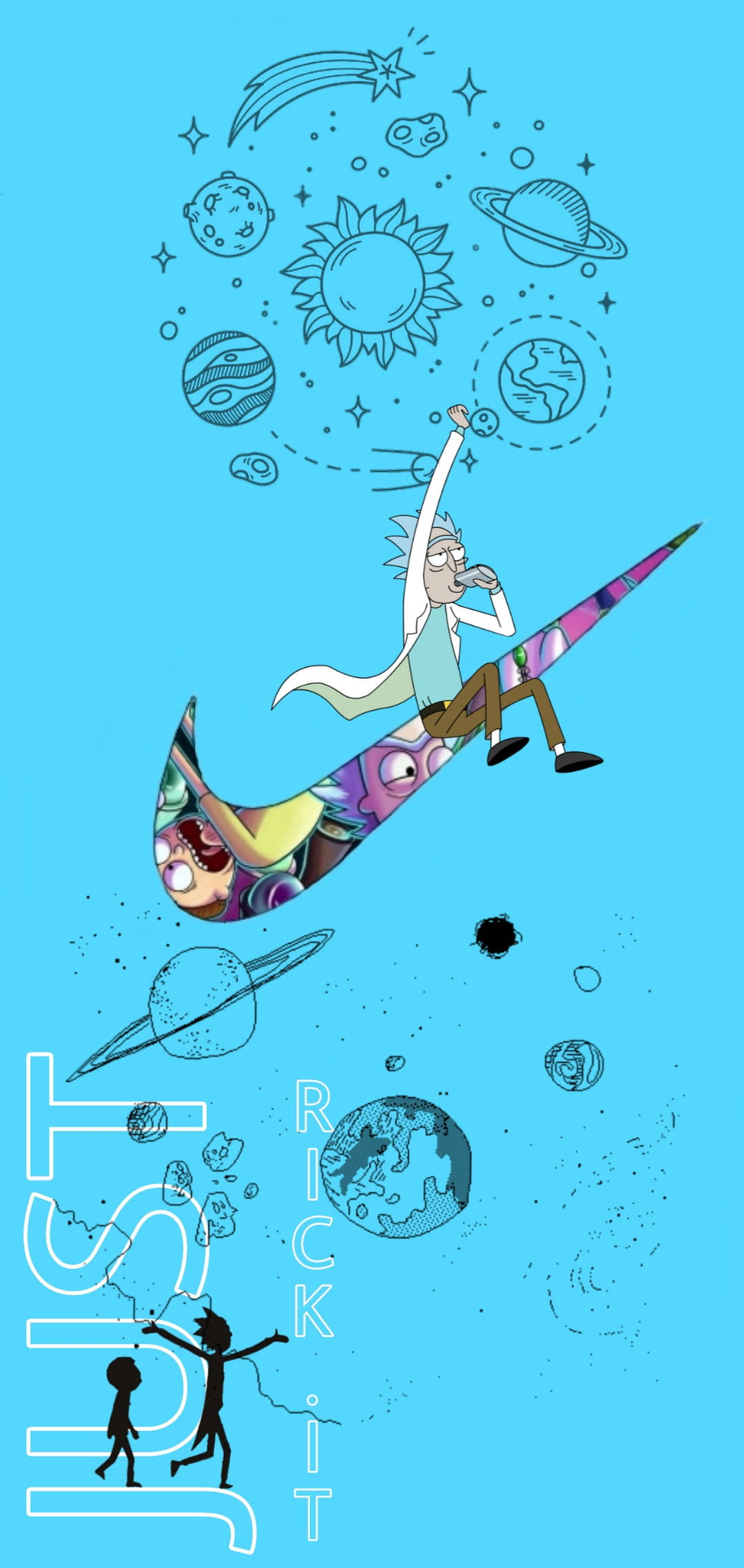 Nike 桌布 壁紙 — Rick Sanchez 騎著一個宇宙級的Nike swoosh穿過充滿行星和恆星的鮮豔藍色太空。