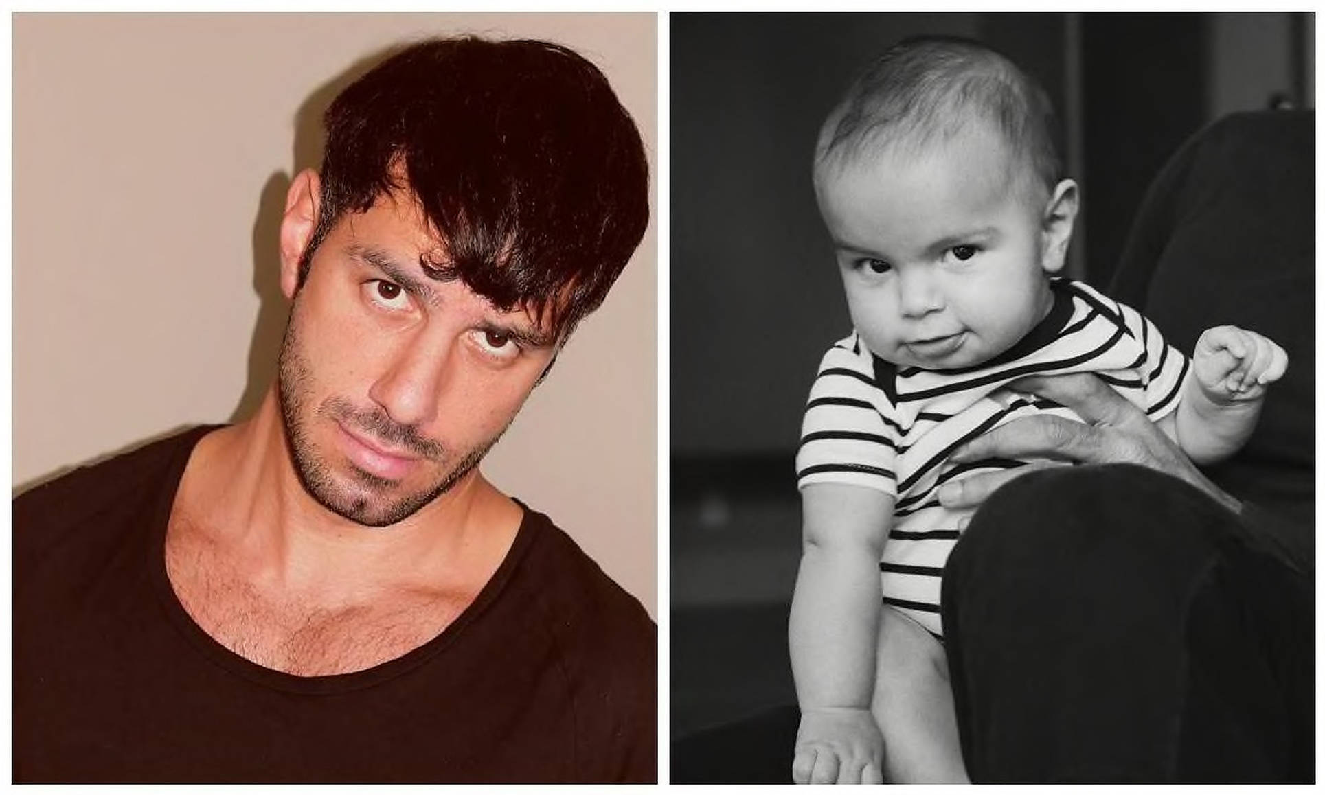 Ricky Martin 夫妻與兒子 壁紙 — 一個深色頭髮的男人和一個穿著條紋衫的嬰兒被成人手抱著的 split portrait。