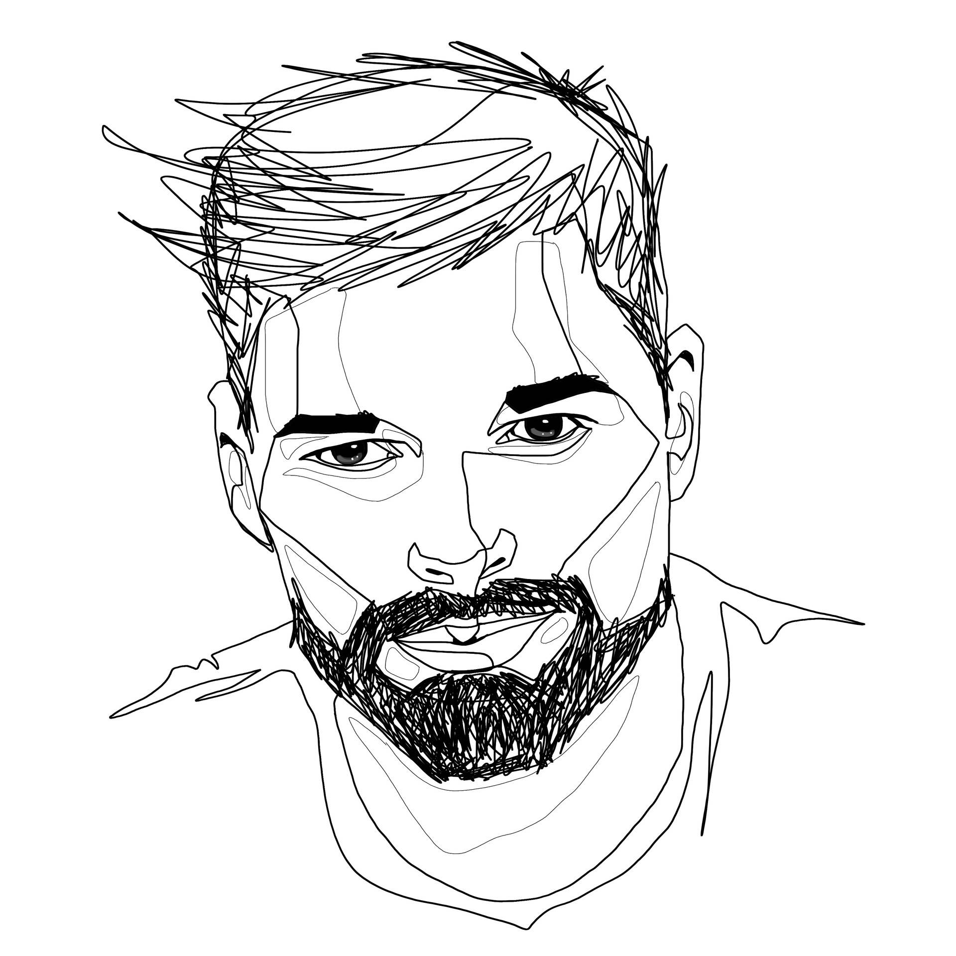 Ricky Martin 數位藝術 壁紙 — 一幅大膽的黑白線條藝術肖像，描繪一位鬍鬚男子，眼神銳利，頭髮凌亂。
