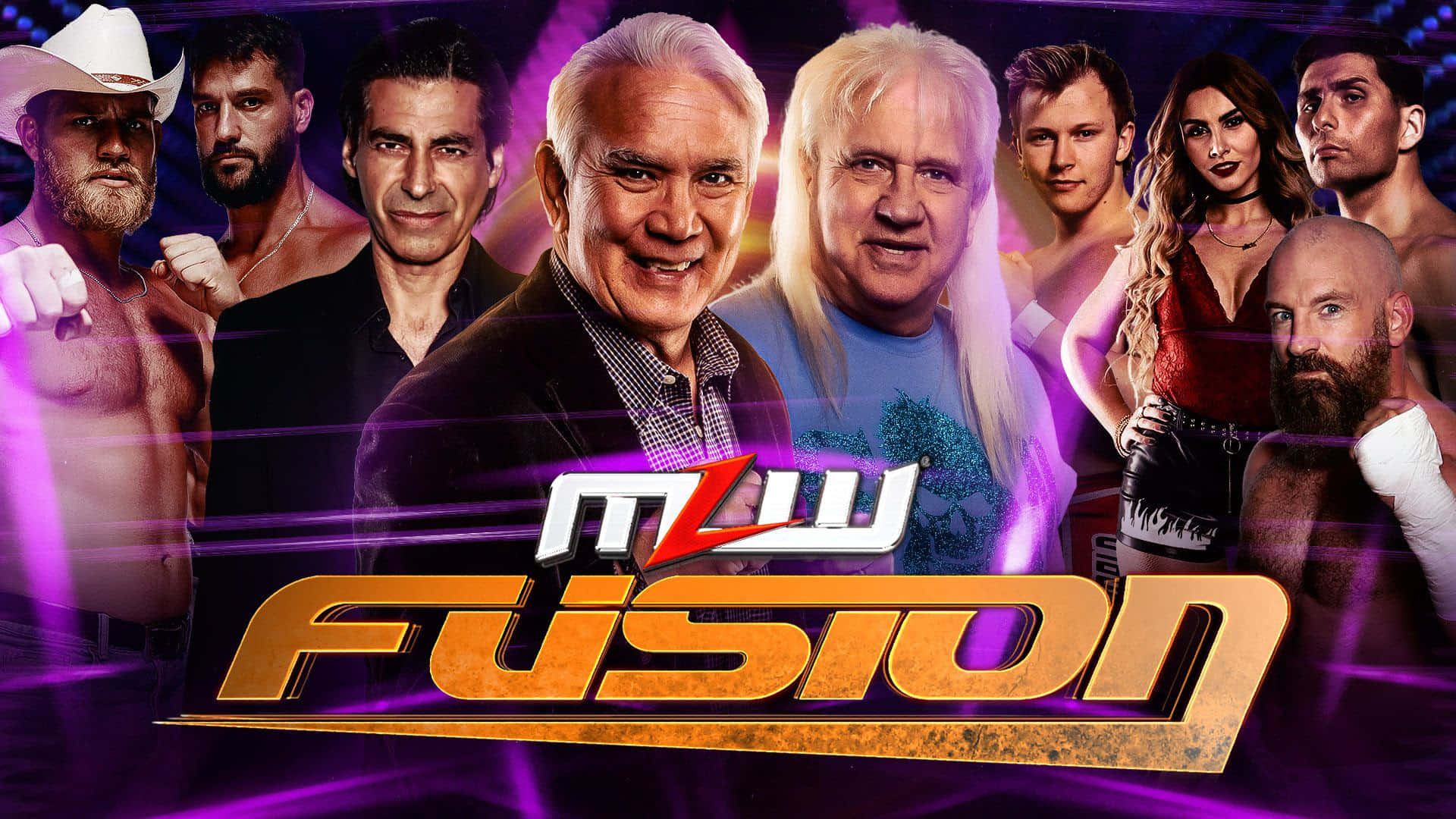 一群職業摔角手在發光的紫色背景下為MLW Fusion活動擺姿勢。