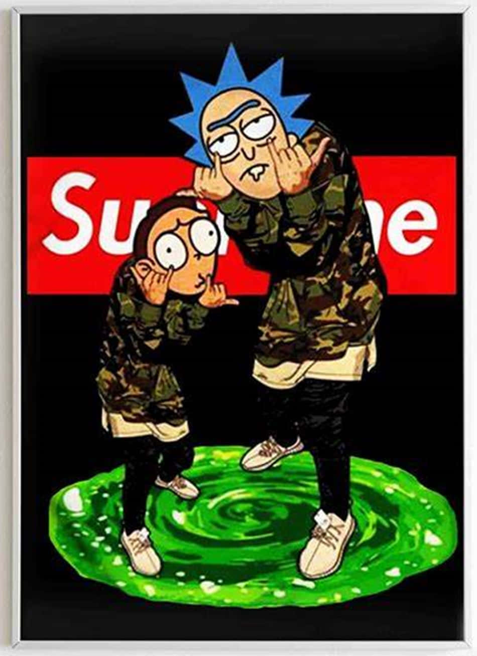 瑞克和莫蒂穿著迷彩外套站在綠色傳送門上，身後有紅色Supreme標誌。