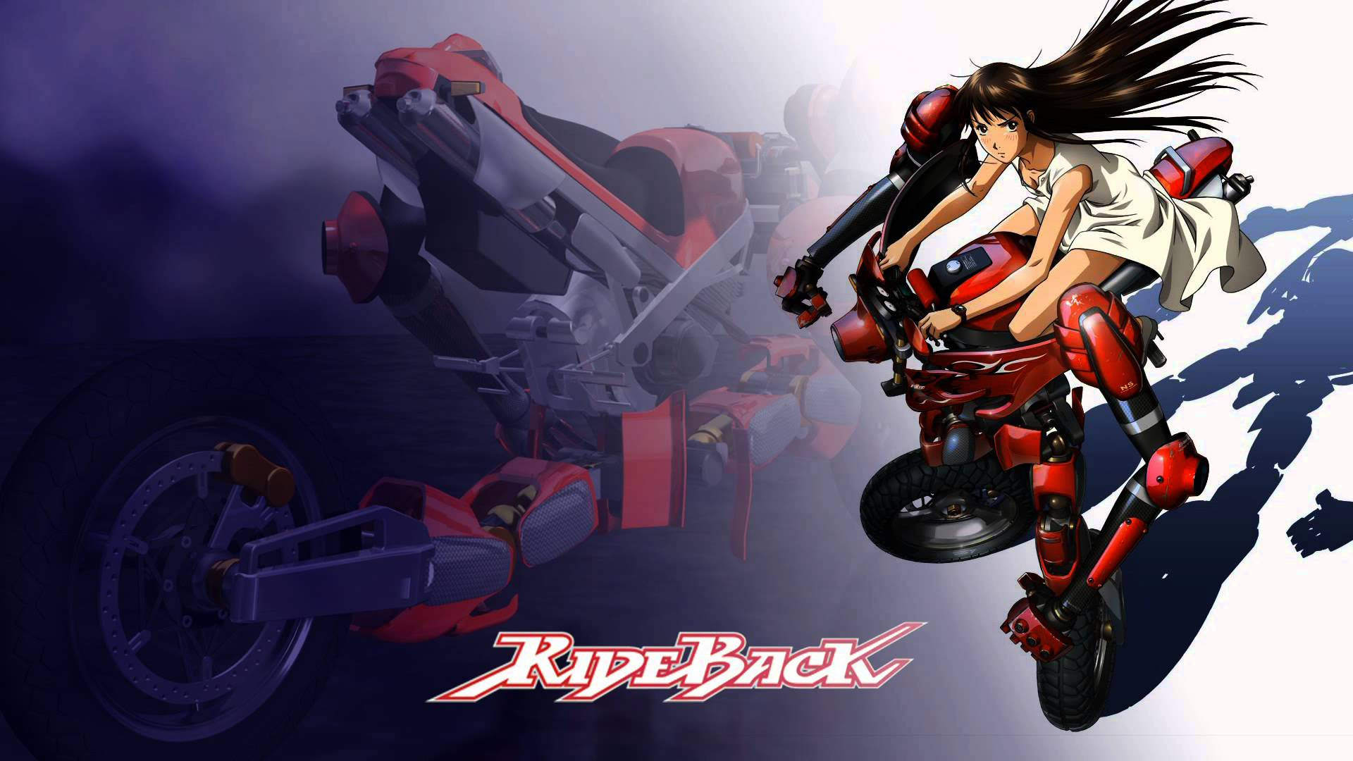 Rideback 紅白標題海報 壁紙 — 一個動態動漫女孩，長髮飄逸，在煙霧瀰漫的黑暗背景中騎著一輛紅色未來風格的電單車。