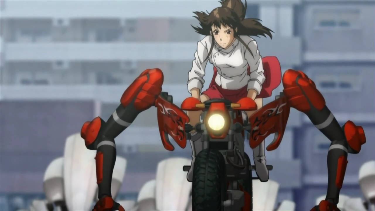 動漫女孩在城市景觀中騎紅色摩托車