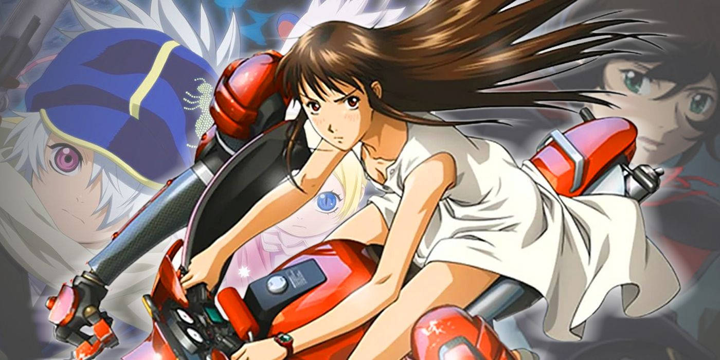 動漫女孩騎紅色滑板車，帶有動態模糊和背景角色。