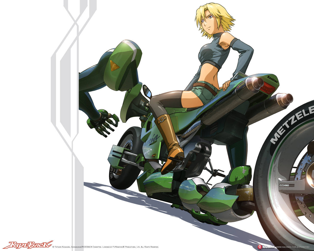 《Rideback》Tamayo Kataoka海報 壁紙 — 一位金髮動漫女孩身穿綠色賽車服，自信地靠在一輛時尚的綠色摩托車上，背景是純白色。