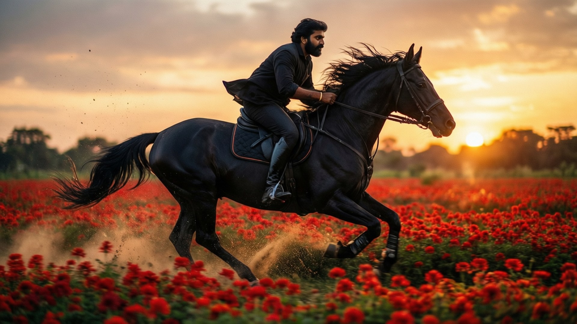 Galloping Through Red Fields 壁紙 — 一名騎手騎著黑馬在夕陽下金色光芒中奔馳過紅罌粟花田。