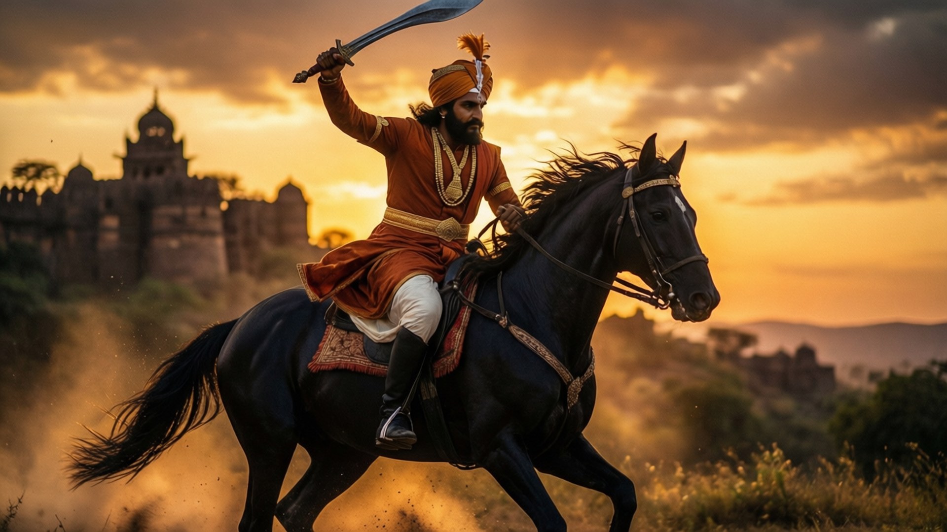 Riding into Glory 壁紙 — 一名身穿橙色長袍的戰士騎著黑馬，高舉寶劍，背景是歷史堡壘後的金色日落。
