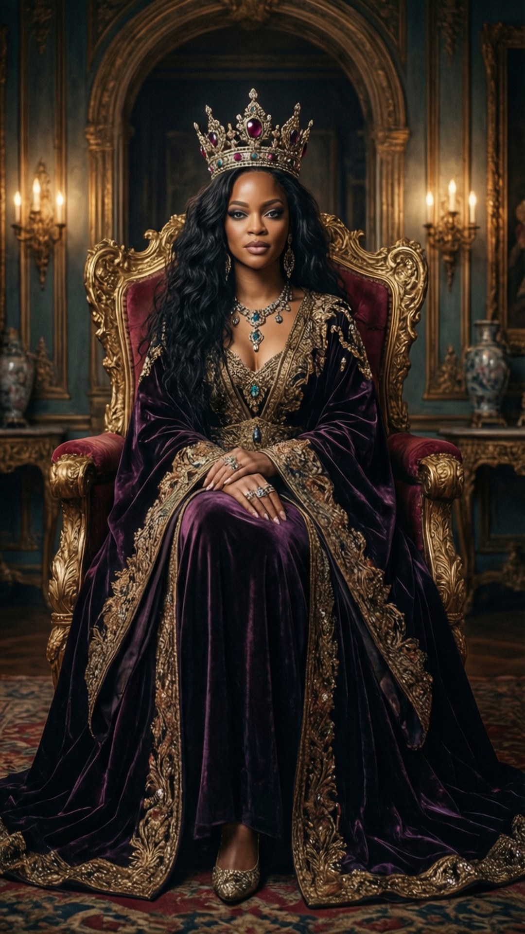 樂壇女王Rihanna 壁紙 — 一位高貴的女性身穿紫色天鵝絨長袍，頭戴鑲有寶石的王冠，威嚴地坐在燭光皇家大廳中一張華麗的金色寶座上。
