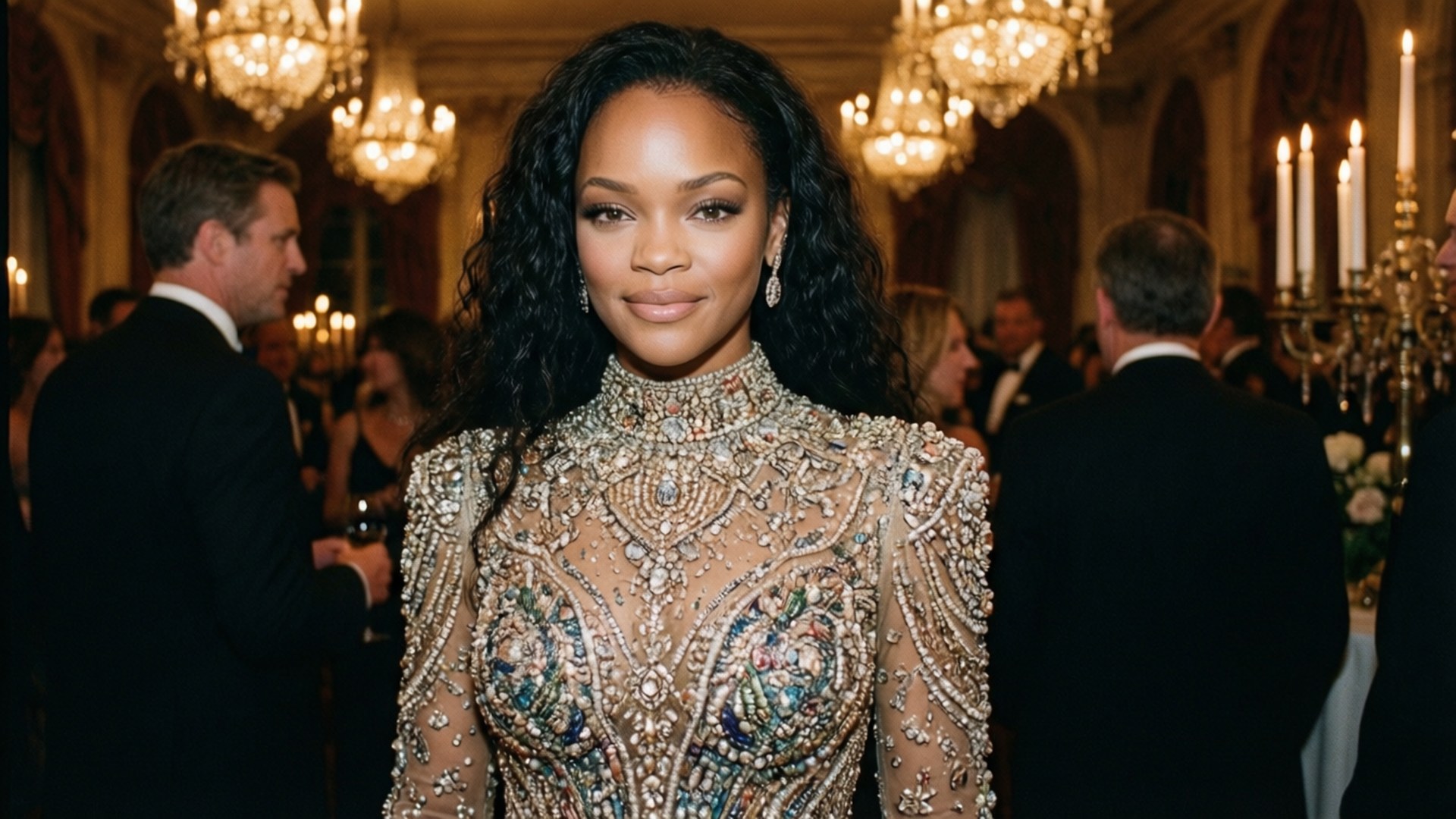 Rihanna 喺有水晶燈嘅正式活動中，身穿鑲嵌珠寶嘅禮服。