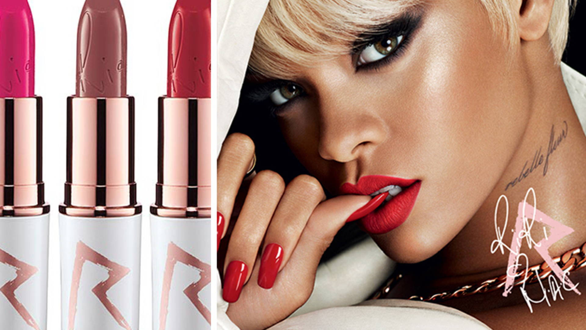 Mac Cosmetics x Riri Collection 壁紙 — Rihanna 的迷人肖像，擁有鮮豔的紅唇和相配的指甲，旁邊是三支粉紅玫瑰色調的奢華唇膏。