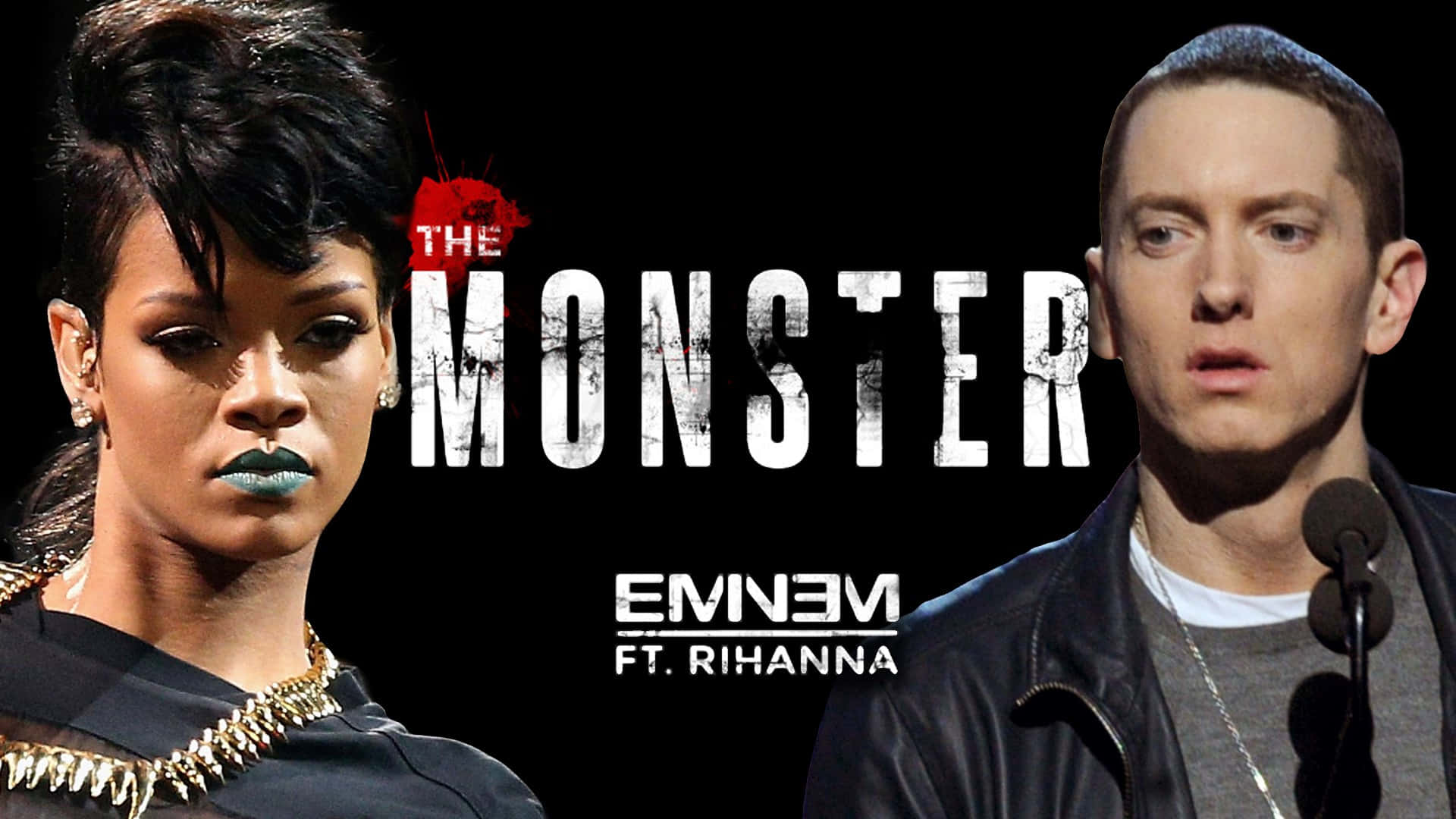 Eminem 桌布 壁紙 — Rihanna 與 Eminem 在黑色背景前強烈凝視，並以粗體白色文字寫著「THE MONSTER」和「EMINEM FT. RIHANNA」。