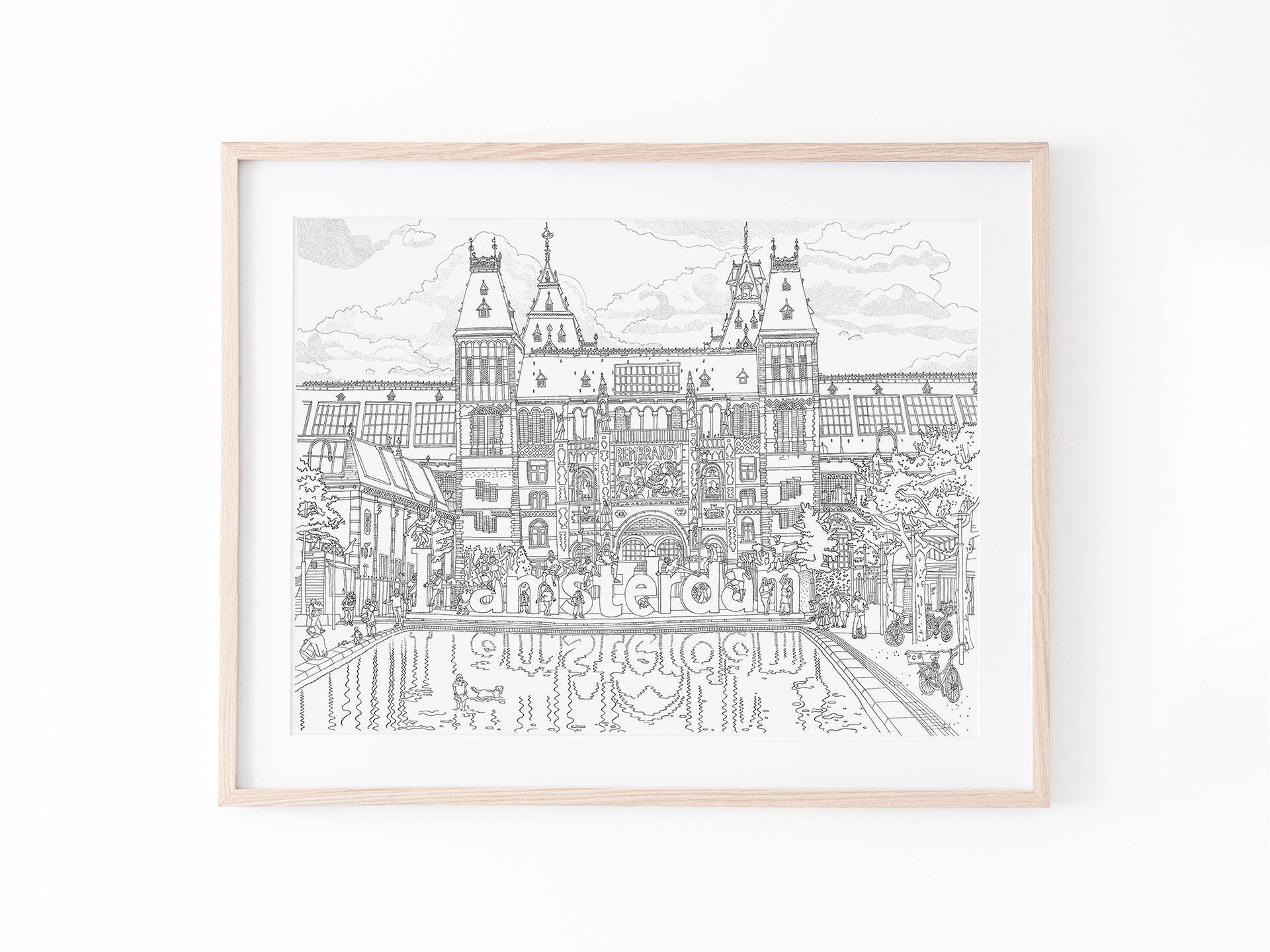 阿姆斯特丹建築的黑白線條藝術鑲框，帶有「Amsterdam」文字。