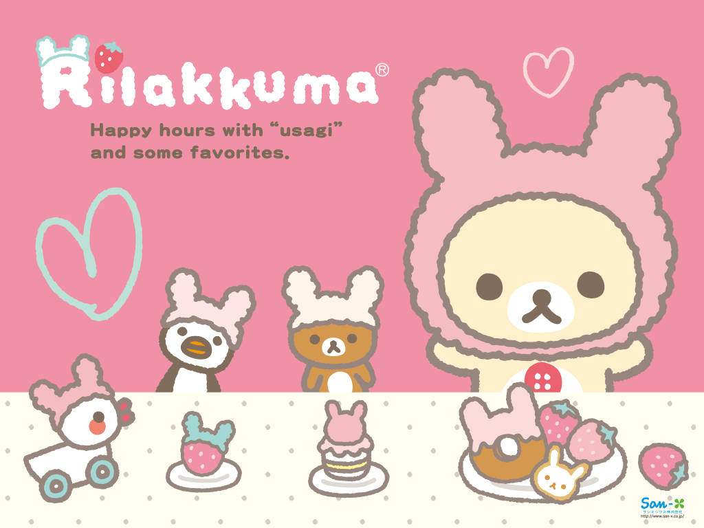 Rilakkuma紙杯蛋糕派對 壁紙 — 一個愉快的Rilakkuma壁紙， featuring可愛的角色戴著兔子帽，在柔和的粉紅色背景上享受草莓美食。