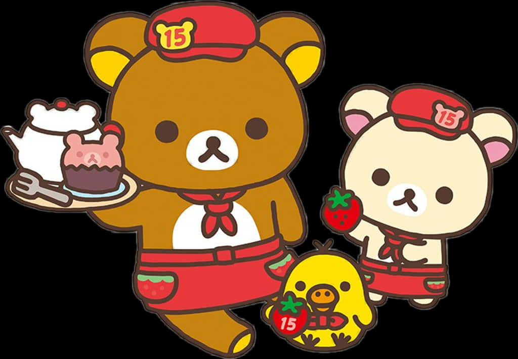Rilakkuma 與朋友慶祝 壁紙 — 兩隻可愛的熊和一隻小雞穿著紅色制服，在黑色背景前提供甜品和草莓美食。
