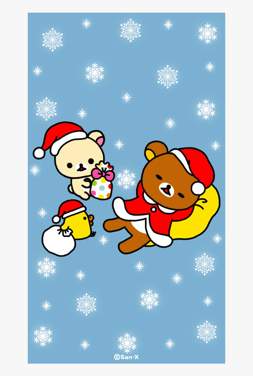 可愛Rilakkuma凝膠筆，讓你的筆記與繪畫更上一層樓 壁紙 — 三個可愛的San-X角色戴著聖誕帽，在雪藍色背景上歡樂地慶祝聖誕節。
