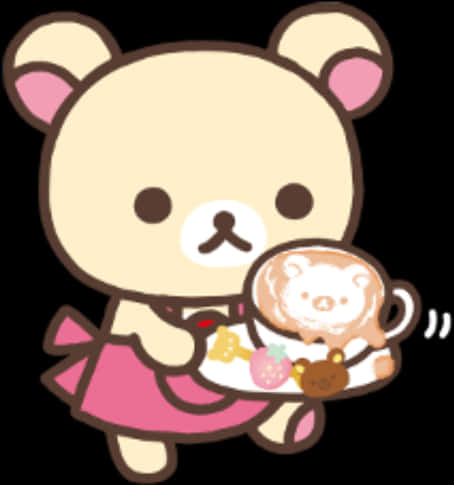 Rilakkuma咖啡廳服務生可愛插畫 壁紙 — 一隻穿著粉紅色連衣裙的可愛卡通熊拿著一杯有熊形狀拉花藝術的咖啡和一盤甜點。