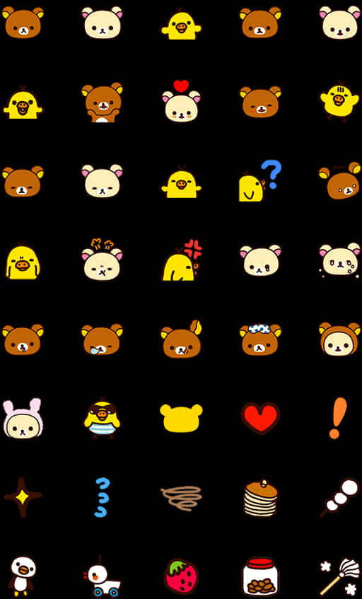 Rilakkuma表情圖案背景 壁紙 — 在黑色背景上，帶有明亮色彩的卡通動物面孔和圖標網格。