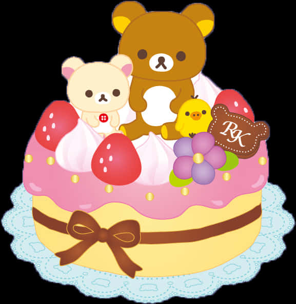 Rilakkuma與朋友慶祝蛋糕 壁紙 — 一個異想天開的卡通蛋糕，上面有Rilakkuma角色、草莓和花朵，放在蕾絲墊上。