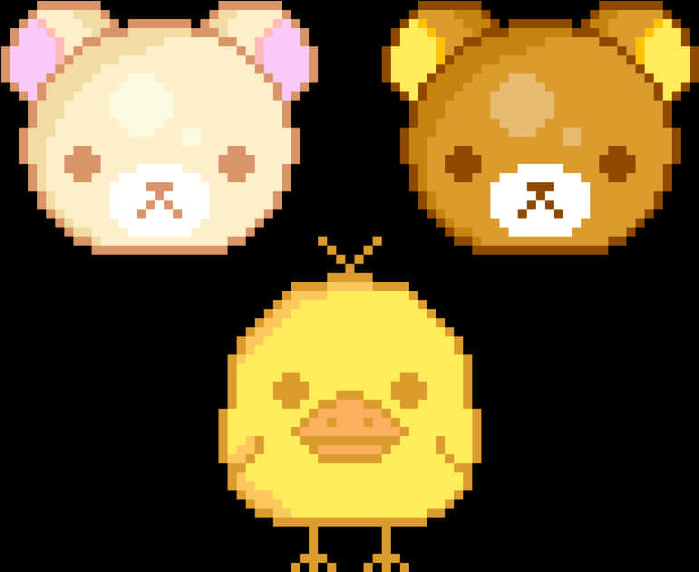 像素風格Rilakkuma朋友 壁紙 — 三個像素化卡通動物：一隻奶油色熊、一隻棕色熊和一隻黃色小雞，帶有簡單的笑臉，背景為黑色。