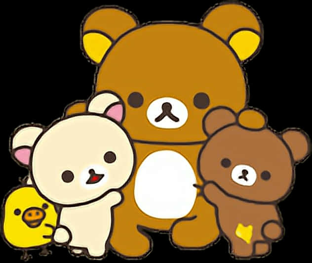 Rilakkuma與朋友卡通 壁紙 — 三隻可愛的卡通熊和一隻小黃雞在黑色背景上擠在一起。