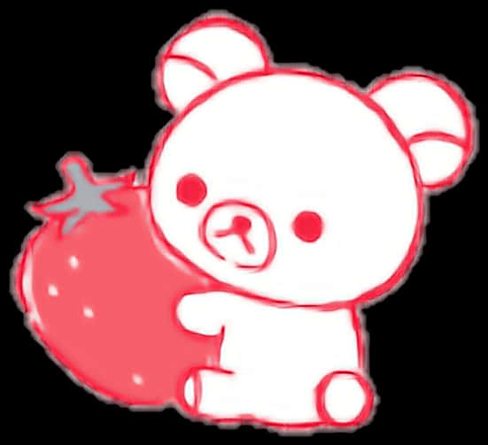 Rilakkuma擁抱草莓 壁紙 — 一隻可愛的白色卡通熊，帶有紅色輪廓，在黑色背景上拿著一個大紅草莓。