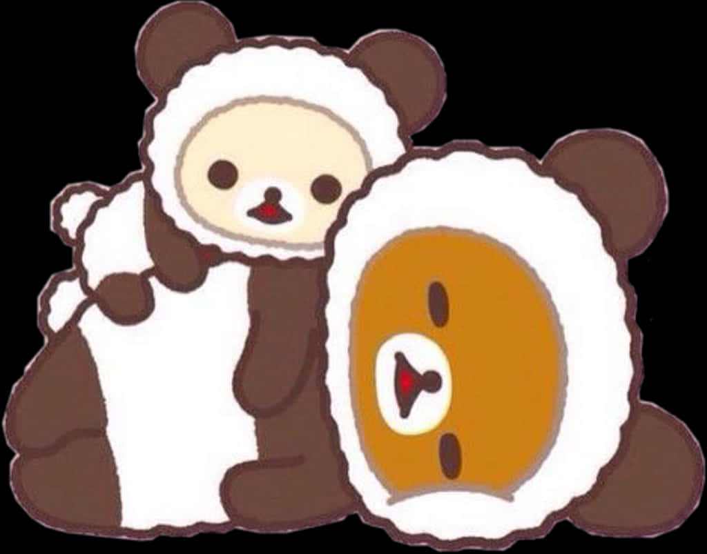 Rilakkuma與朋友穿熊裝 壁紙 — 兩隻可愛的卡通熊穿著毛茸茸的白色服裝，有棕色耳朵和紅色嘴唇，站在黑色背景前。