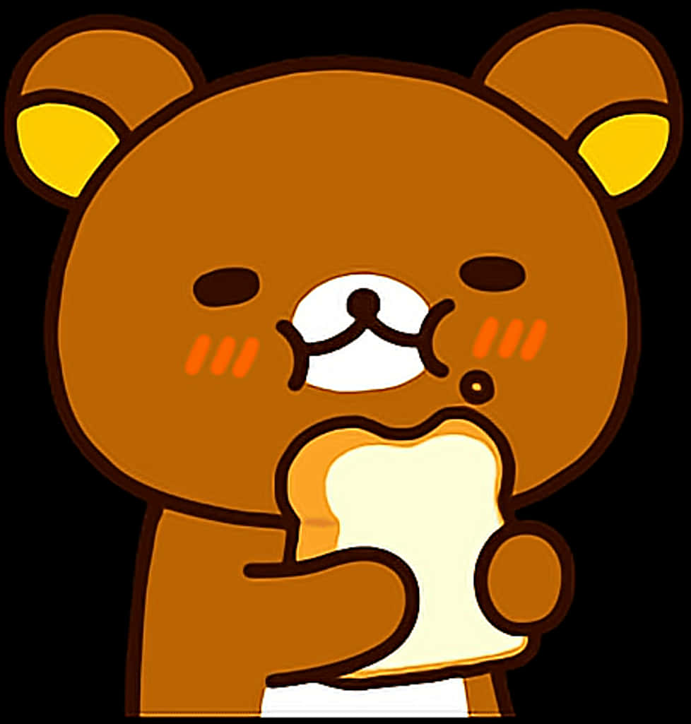 Rilakkuma 吃麵包卡通 壁紙 — 一隻可愛的棕色卡通熊，有黃色耳朵，在黑色背景前快樂地吃一片麵包。