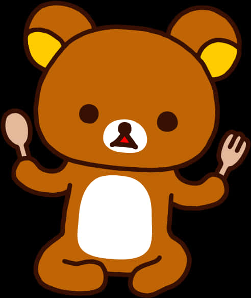 Rilakkuma角色插畫 壁紙 — 一隻可愛的棕色卡通熊，黃色耳朵，在黑色背景上拿著湯匙和叉子。