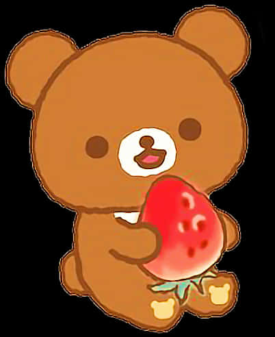 Rilakkuma手持草莓卡通 壁紙 — 一個可愛的棕色熊角色，高興地拿著一個帶有綠色葉子的紅色草莓。
