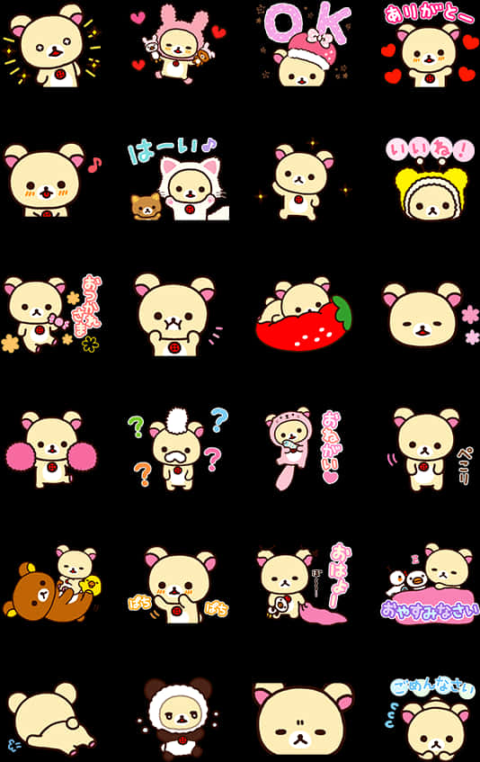 rilakkuma表情符號集 壁紙 — 一個可愛的Rilakkuma貼紙網格，帶有日文字和心形圖案，背景為黑色。