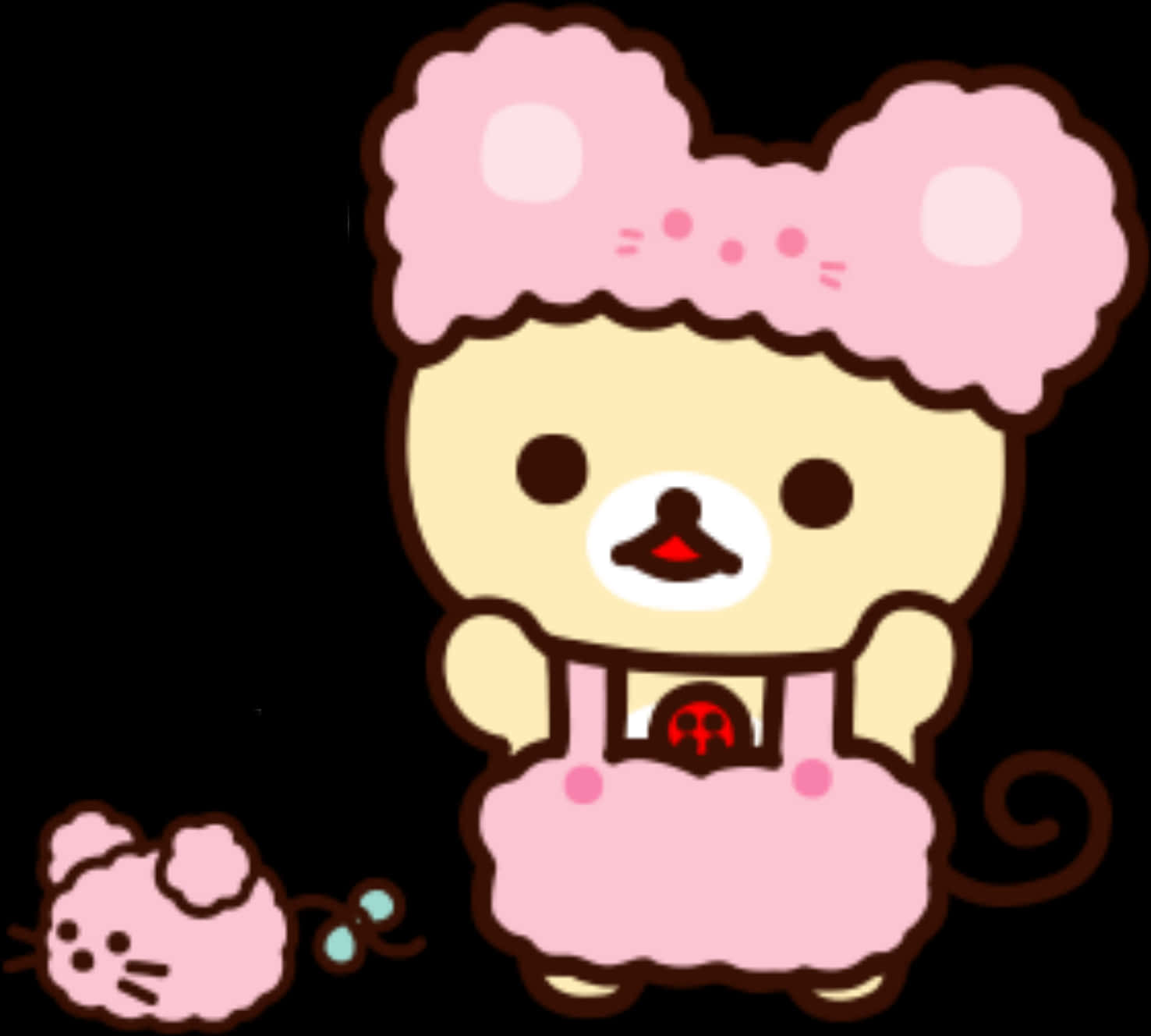 Rilakkuma 穿粉紅熊服裝 壁紙 — 一隻可愛的黃色小熊，擁有蓬鬆的粉紅色頭髮和連衣裙，在黑色背景上抱著一隻粉紅色的小老鼠。