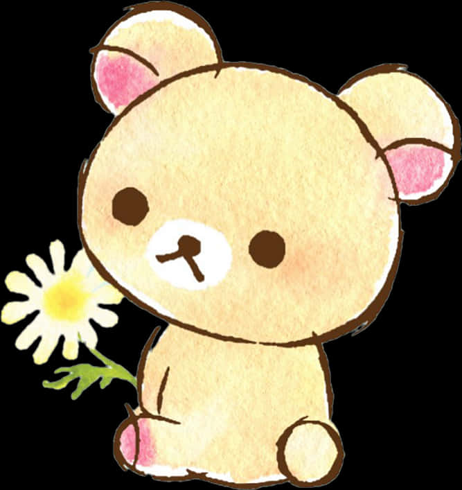 Rilakkuma手持雛菊可愛插畫 壁紙 — 一隻可愛的水彩風格小熊，粉紅色耳朵，在黑色背景上拿著一朵黃色雛菊。