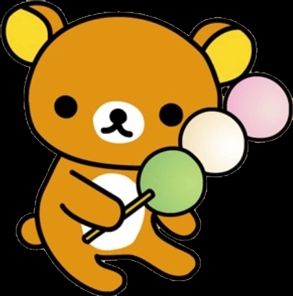 Rilakkuma 手持串燒 壁紙 — 一隻可愛的卡通熊，黃色耳朵，在黑色背景上拿著彩色棒棒糖。