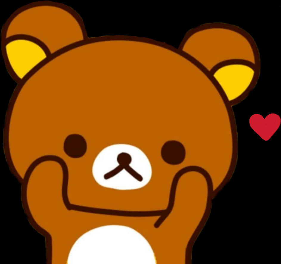 rilakkuma卡通熊與愛心 壁紙 — 一隻可愛的棕色卡通熊，有黃色耳朵和旁邊的紅色心形，背景為黑色。