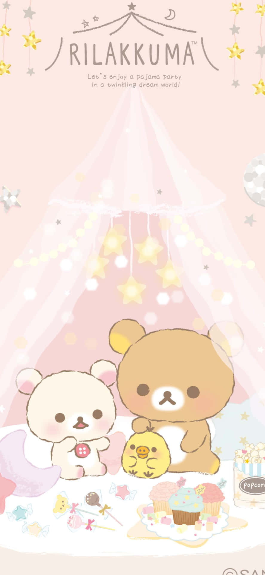 Rilakkuma 和朋友們在星空帳篷下舉行睡衣派對，享用小食。 — 鬆弛熊 GIF 壁紙