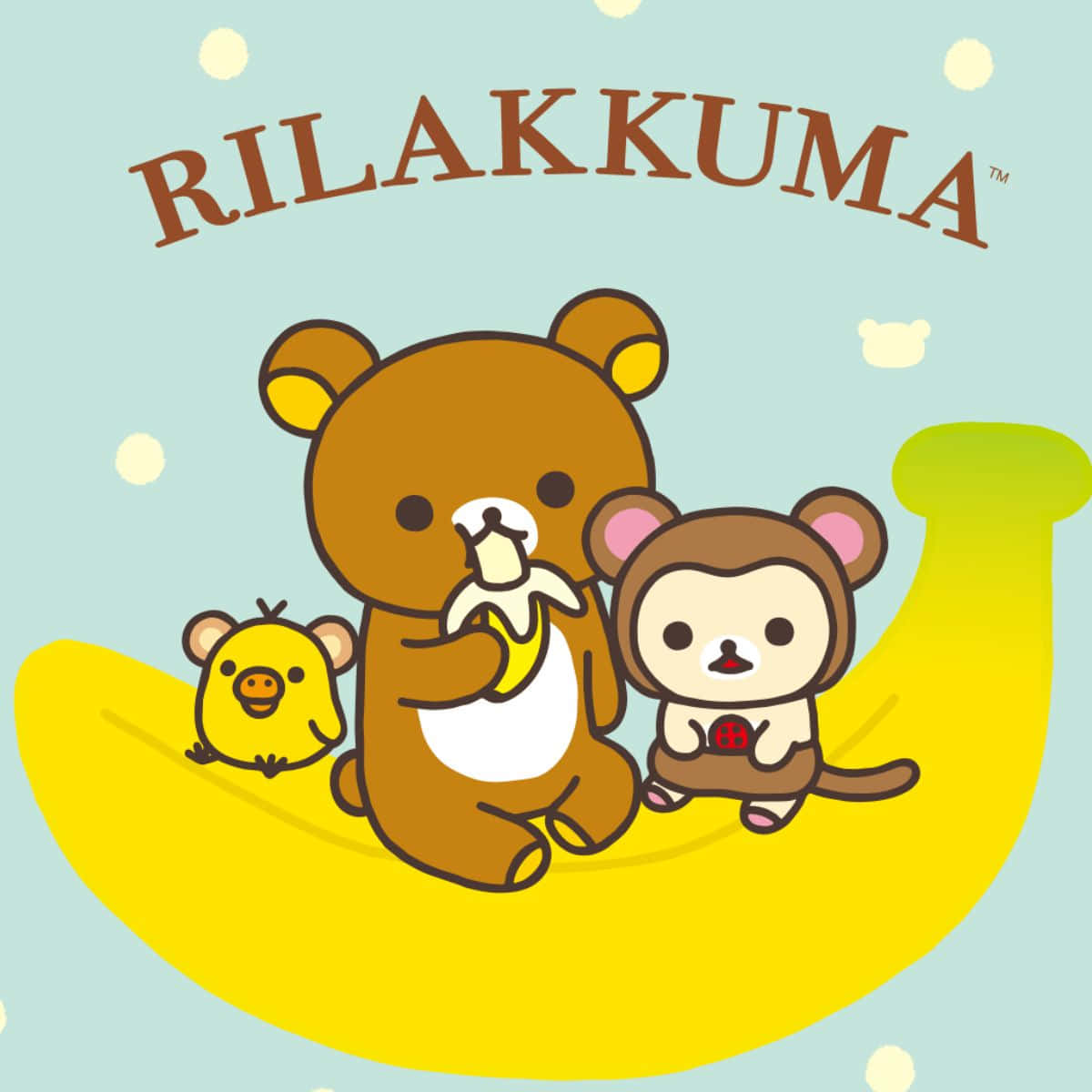 Rilakkuma 和朋友們在巨型香蕉上享用零食。 — 鬆弛熊 GIF 壁紙