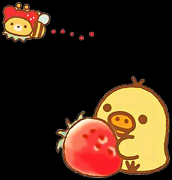 Rilakkuma與Korilakkuma水果冒險 壁紙 — 一隻可愛的黃色小雞擁抱草莓，而一隻戴著草莓帽的蜜蜂在附近飛翔，留下紅色花粉痕跡。