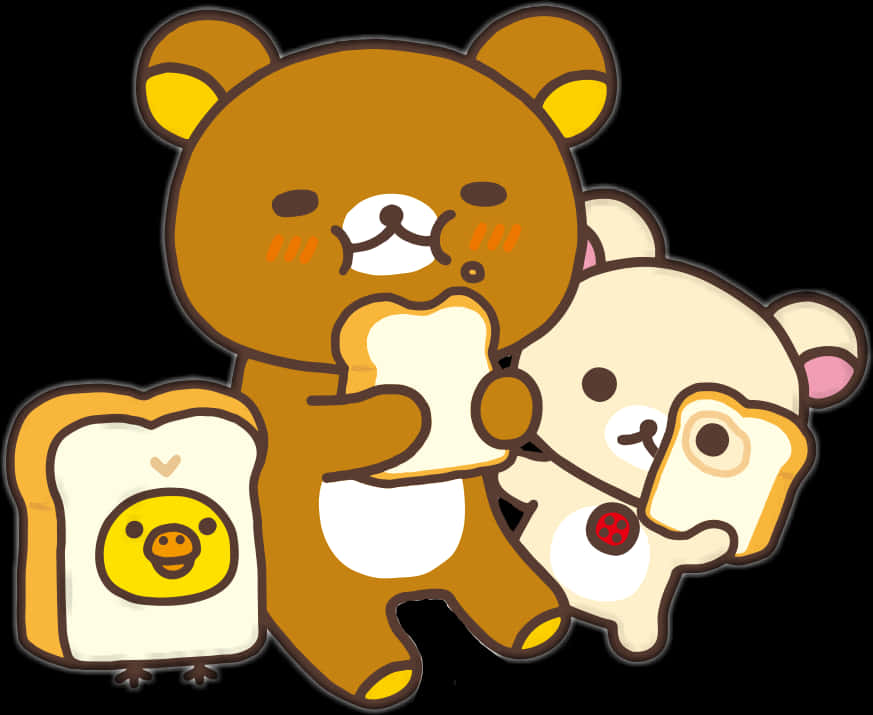 Rilakkuma與Korilakkuma吃麵包 壁紙 — 兩隻可愛的卡通熊和一隻多士鳥在黑色背景前快樂地咀嚼麵包片。