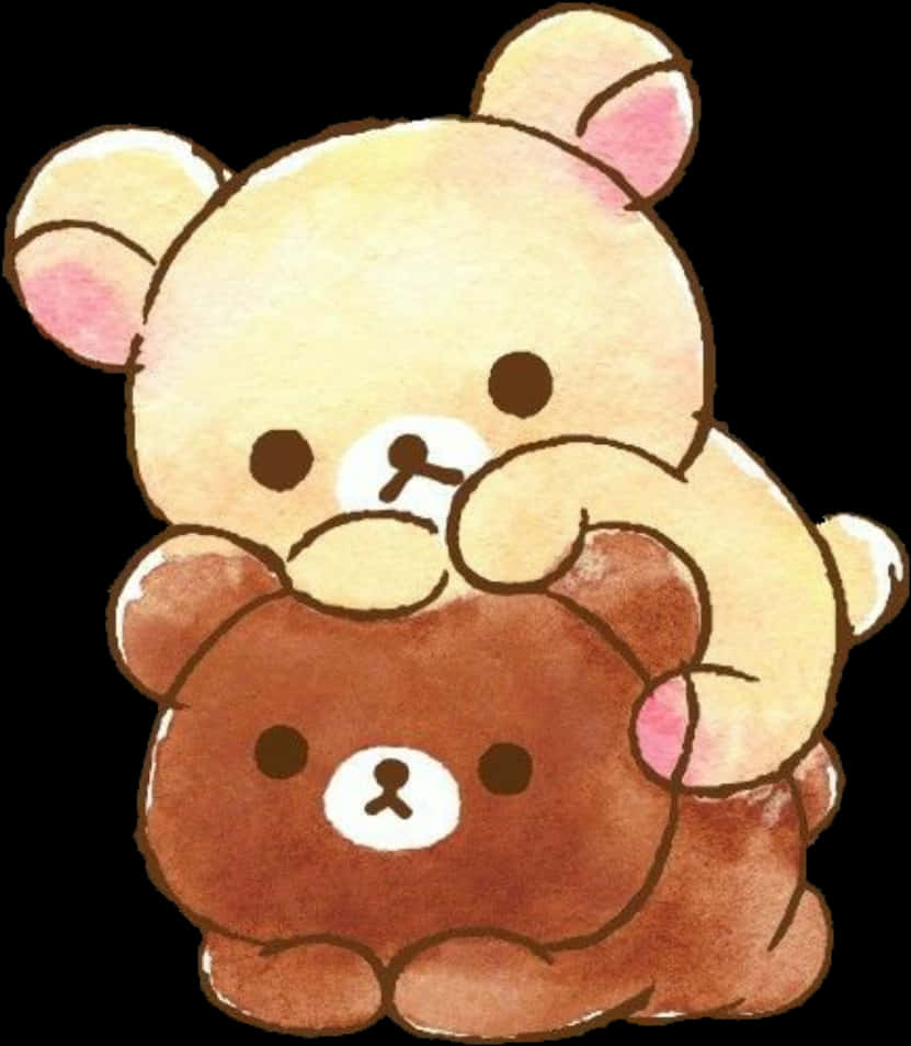 Rilakkuma與Korilakkuma擁抱 壁紙 — 兩隻可愛的水彩熊，一隻淺米色，在黑色背景上擁抱一隻棕色熊。