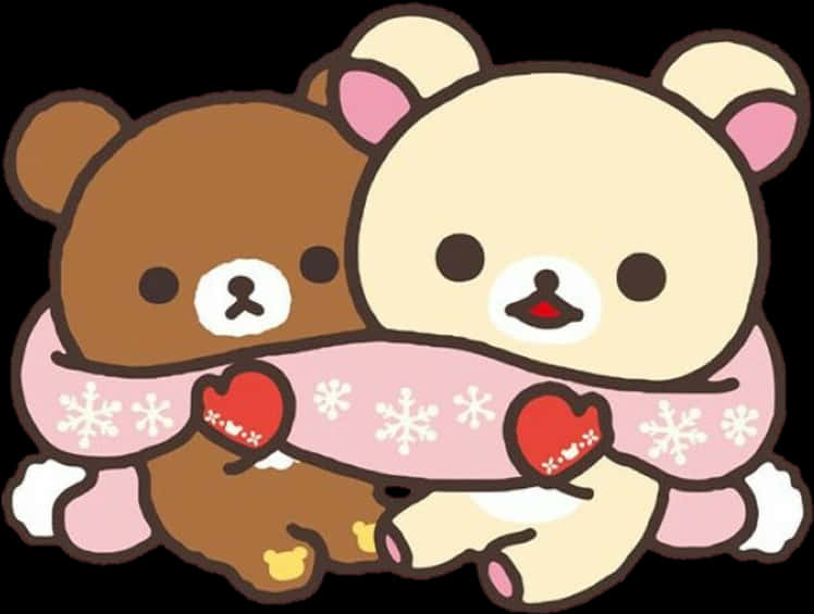 Rilakkuma與Korilakkuma冬季擁抱 壁紙 — 兩隻可愛的卡通熊依偎在一起，戴著一條帶有紅色心形的粉紅色雪花圍巾。
