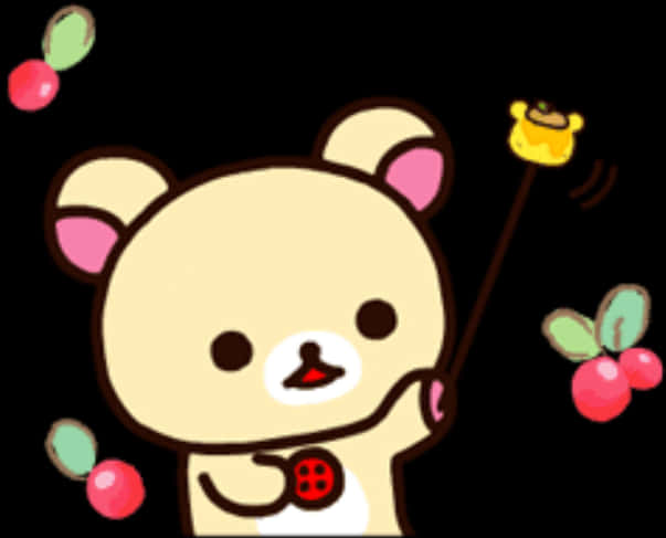 Rilakkuma手持雛雞氣球與櫻桃 壁紙 — 一隻可愛的米色小熊，粉紅色耳朵，拿著魔杖，在黑色背景上施放出色彩繽紛的漂浮漿果。