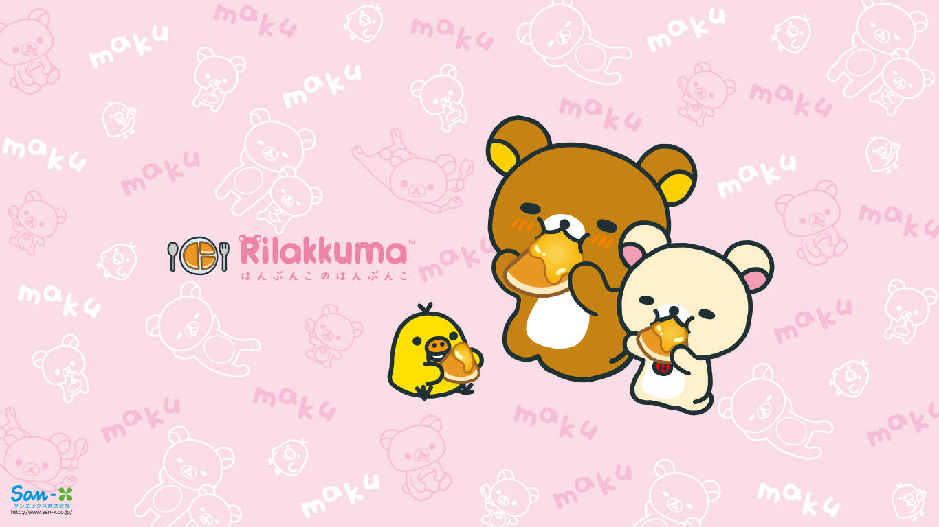 三個Rilakkuma角色在粉紅色圖案背景上享用糕點。