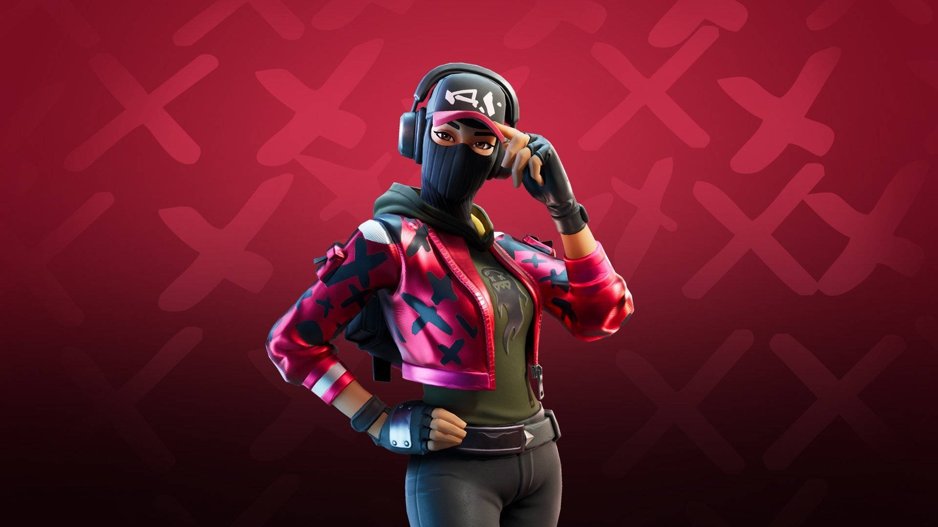 Fortnite角色穿著粉紅色外套和面具，戴著耳機擺姿勢