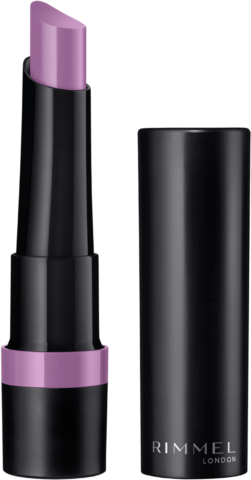 Rimmel London 紫色唇膏 壁紙 — 一支時尚的黑色Rimmel London唇膏，帶有充滿活力的紫色色調，在純黑色背景上展示。