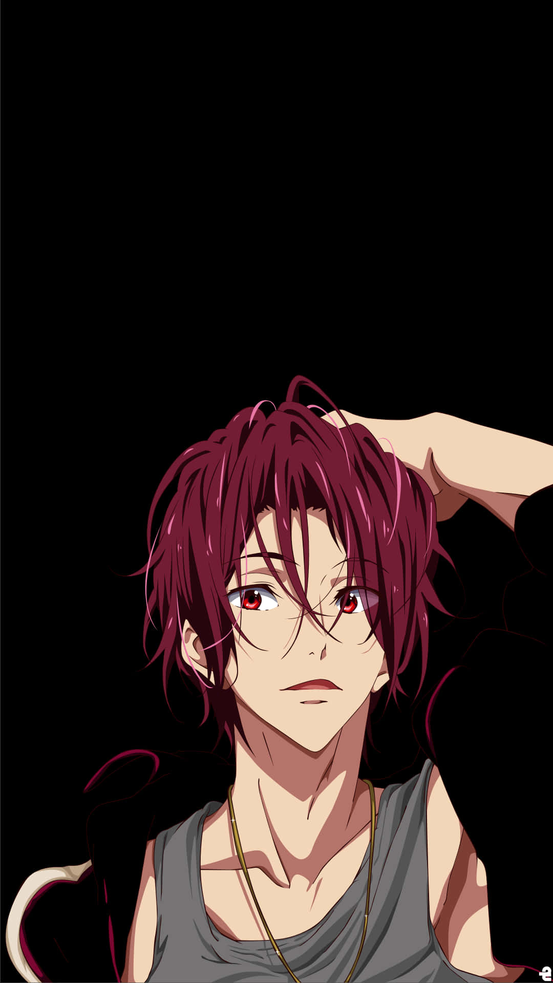 免費動畫 Rin Matsuoka 黑色手機殼 壁紙 — 一位年輕的動畫男性，擁有鮮豔的紅髮和強烈的紅眼睛，在純黑背景前凝視前方。