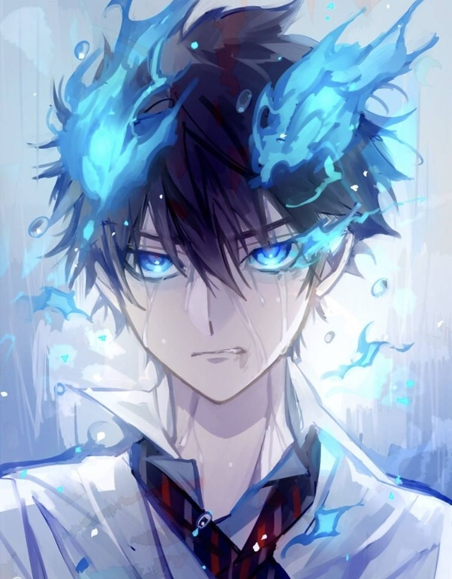 Rin Okumura 動漫頭像 壁紙 — 一位年輕的動畫男性，擁有發光的藍色眼睛和電藍色頭髮，被水滴和能量火花包圍。