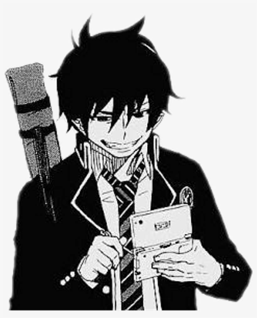 動畫男孩穿著校服，手持遊戲機，背上綁劍。