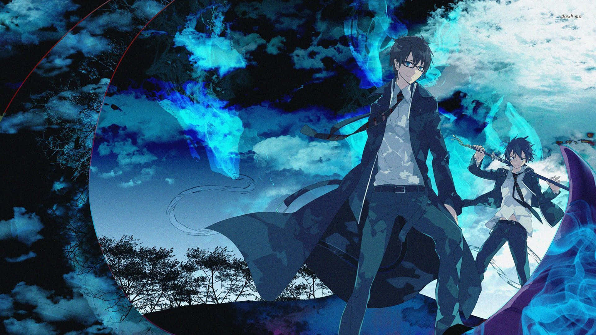 《藍色驅魔師》 Rin 與 Yukio 壁紙 — 兩個動漫角色站在旋轉的藍色能量漩渦前，背景是戲劇性的夜空和剪影樹木。