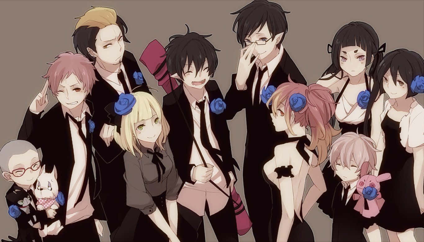 Rin 的驅魔師之路 壁紙 — 一群穿著正式服裝、飾有藍色玫瑰的動漫角色在柔和背景下一起擺姿勢。