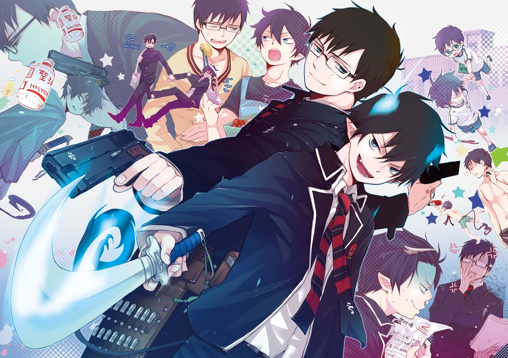 Rin 與 Yukio — 兄弟情深，驅魔師雙雄 壁紙 — 穿著校服的動漫角色在混亂的動作場景和星爆拼貼中揮舞著發光武器。